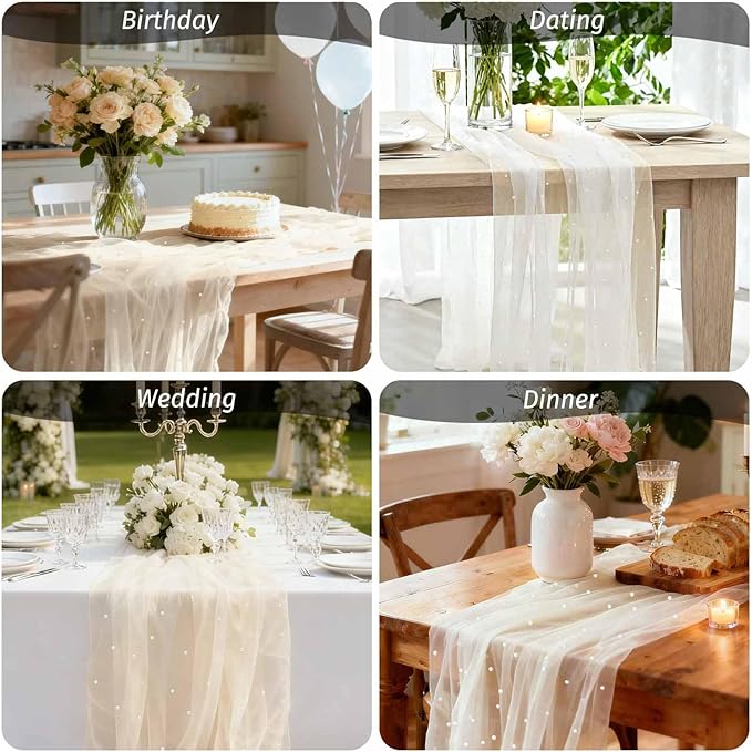 WELTRXE Beige Pearl Table Runner 10ft, Boho Rustic Tulle Lace Table Runner 30x120 Inch for Wedding Decor Birthday Party Dining Table Cover, Champagne