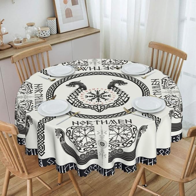 Norse Viking Tablecloth, Nordic Mythology Ancient Mythical Viking Ethnic Style Mythical Animal Water Resisitant Table Cover for Dining Kitchen Living Room Home Party Holiday Decor 70 inch Round
