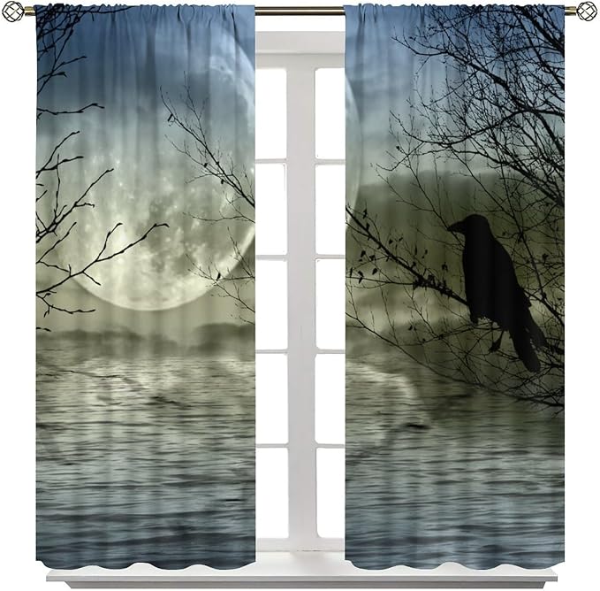 Gothic Crows Blackout Curtains, Vintage Moon Misty Tree Woodland Lake Water Raven Black Crow Retro Rustic Window Drapes, for Living Room Bedroom 42(W)*84(L) 2 Panels