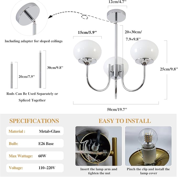 BOKT Modern Sputnik Chandelier 3 Light Glass Globes Silver Chandelier Light Fixture White and Chrome Pendant Lights Vintage Hanging Chandeliers for Kitchen Island Dining Room