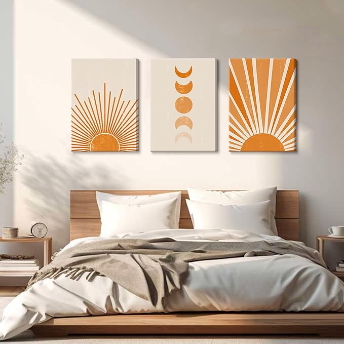 3Pcs Boho Minimalist Wall Art Abstract Sun Moon Canvas Wall Decor Beige Sunshine Mid Century Modern Nordic Style Pictures Prints Posters for Living Room Bedroom Home Decor Ready To Hang 16x24in
