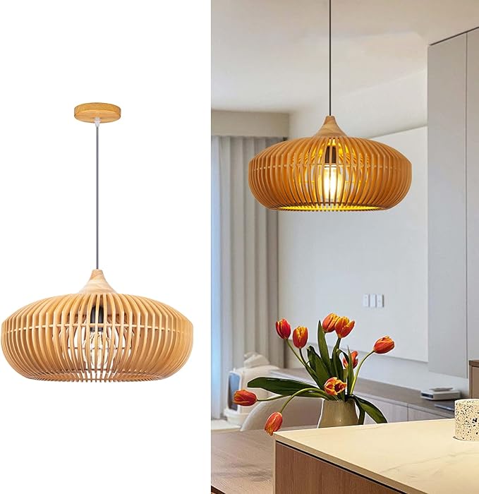 Arturesthome Wooden Pendant Light Kitchen Island, Rustic Farmhouse Wood Hanging Ceiling Lamp Fixture for Cafe Basement Hallway Foyer