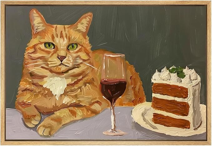 Eeuqiauot Vintage Cat Canvas Wall Art Abstract Cat with Cake Poster Cute Animal Prints Vintage Animal Drink Wine Poster Funny Kitty Pictures Wall Decor 16x24in Unframed