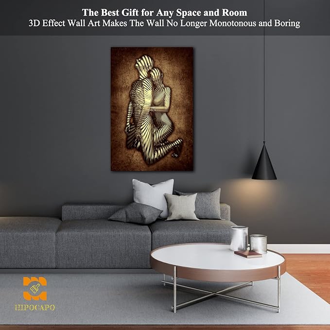 3D Metal Effect Canvas Wall Art- Gold 3D Metal Canvas Art Silver 3D Canvas Art Wall Decor for Modern Living Room, Romantic Couple Living Room Canvas Wall Art Framed 24”x36”x1Pcs