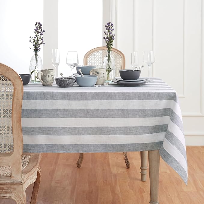 Solino Home Linen Tablecloth 60 x 120 Inch - Cabana Stripe 100% Pure Linen Grey and White Table Cloth for Rectangle Tables - Machine Washable Tablecloth for Fall, Autumn, Thanksgiving, Christmas