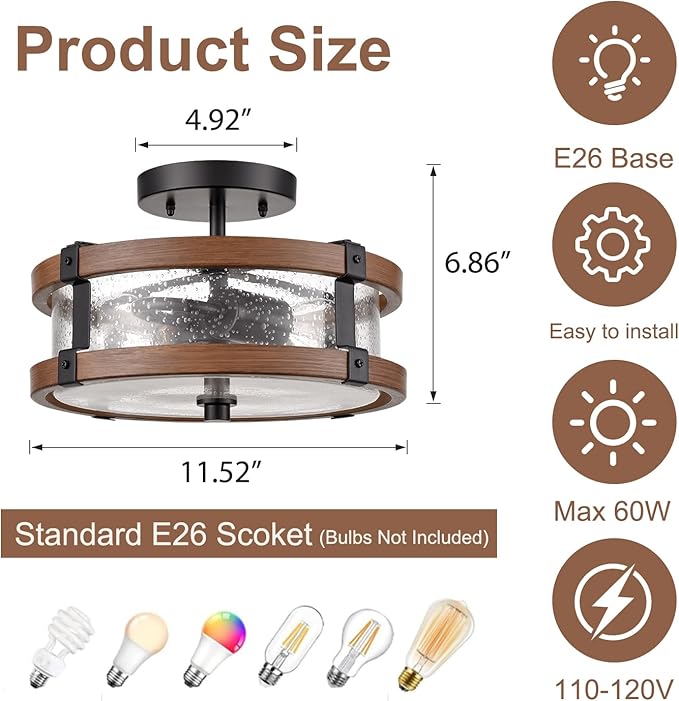 Farmhouse 2-Light Ceiling Light Fixture, Semi Flush Mount Ceiling Light with Seeded Glass Shade, Rustic Retro Ceiling Lamp for Kitchen Hallway Entryway