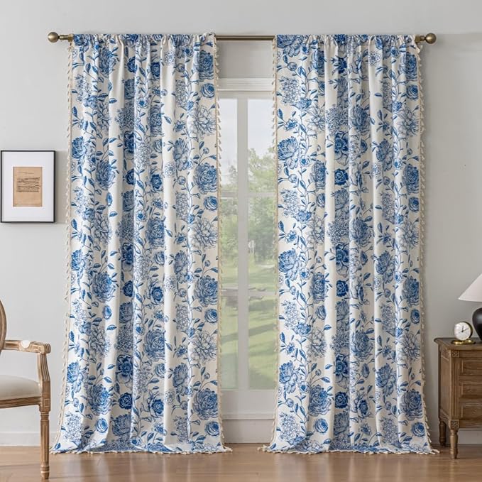F-CHU Blue Floral Farmhouse Curtains Living Room Drapes 84 Inch Length Cotton Linen Boho Window Curtain with Tassel Rod Pocket Bedroom Macrame Drapes Flower Curtains, 2 Panel Blue Curtain
