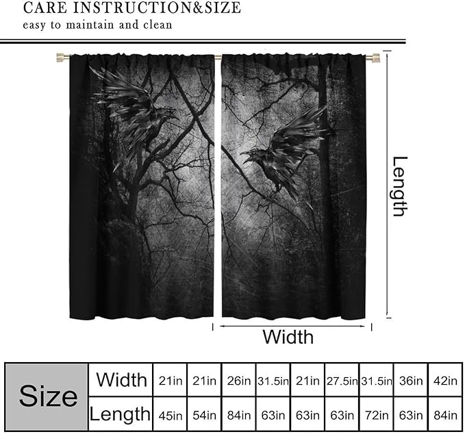 Gothic Crows Blackout Curtains, Black Forest Tree Spooky Foggy Mysterious Horror Theme Window Drapes, for Living Room Bedroom 27.5(W)*63(L) 2 Panels