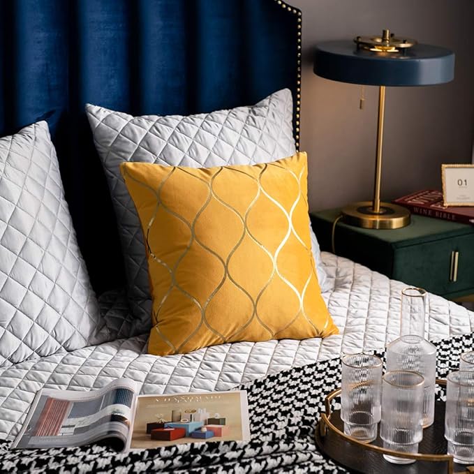 16x16 Inch Gold Velvet Throw Pillow Covers: 2 Pack Square Decorative Pillow Cases for Bedroom Sofa Couch Living Room, Yellow