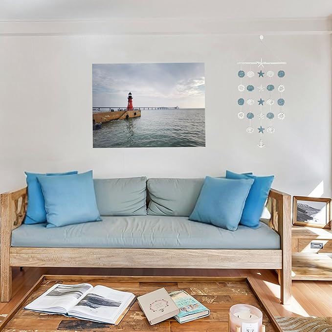 Beach Wall Hanging Decor–Starfish Seashell Coastal Wall Art with Sea Shell Anchor Bathroom Decoration, Boho Nautical Farmhouse Rustic Wood Home Decor for Porch, Bedroom, Living Room 28"x16"
