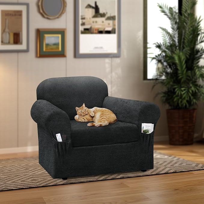 Chair Slipcover with Armrest Pockets 2-Piece Set, Stretch Faux Leather Chair Cover for Armchairs(Fits 31-45") - Non-Slip, Machine Washable, Pet & Kid Friendly - Gray