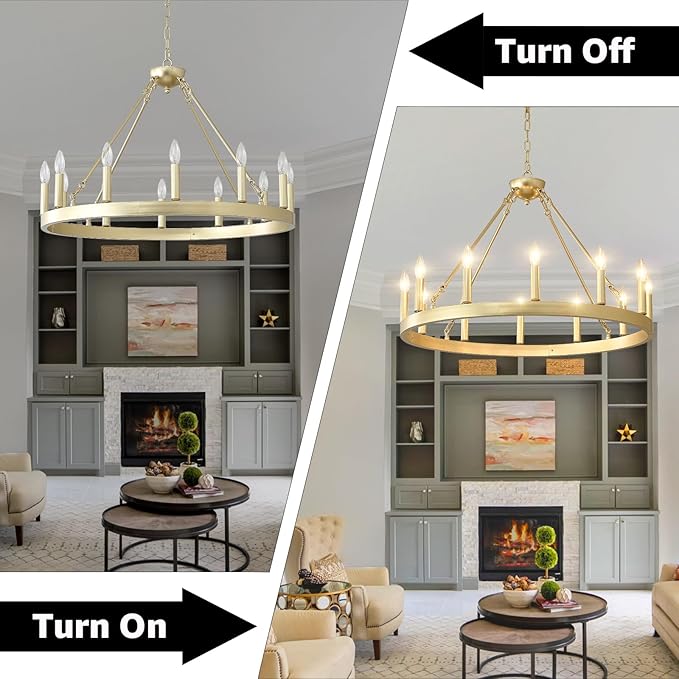 Gold Wagon Wheel Chandelier Farmhouse 32-Inch, 12-Light Modern Gold Chandelier for Dining Room, Round Iron Industrial Chandeliers Light Fixture for Living Room, Foyer, Entryway, E12