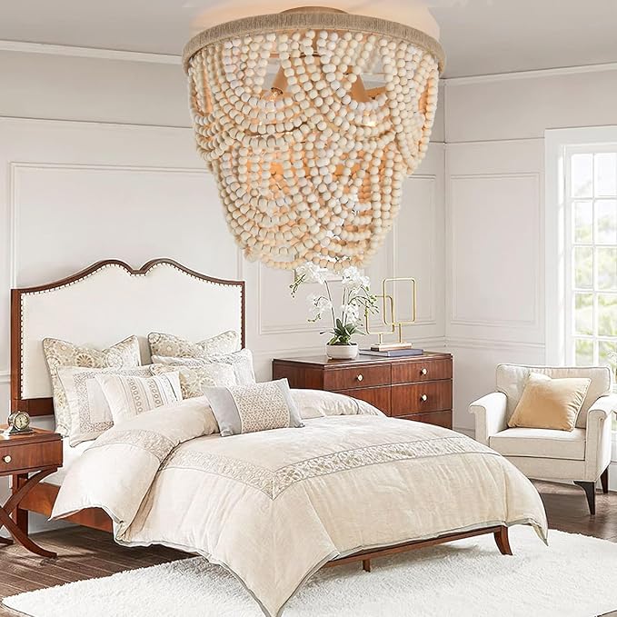 Boho Wood Beaded Chandelier Retro Vintage Antique Rustic 3 Lights Ceiling Lamp Light fixtures for Dining Room Kitchen Living Room Bedroom Foyer Office