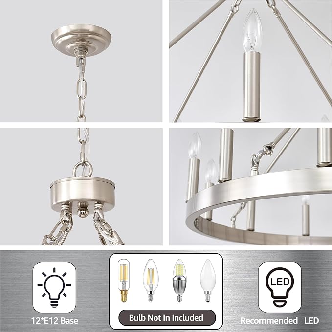 32" Silver Wagon Wheel Chandelier, 12-Light Farmhouse Brushed Nickel Wagon Wheel Chandelier for Dining Room, Modern Round Candle Chandeliers Light Fixture for Living Room, Foyer, Entryway, E12