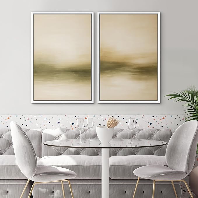 SIGNWIN Framed Canvas Print Wall Art Set Golden Horizon Mist Neutral Beige and Olive Gradient Abstract Landscape Zen Bohemian for Living Room, Bedroom, Office - 16"x24"x2 WHITE