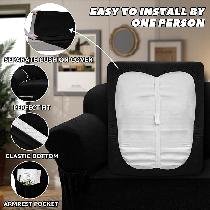 Loveseat Slipcover with Armrest Pockets 3-Piece Set, Stretch Faux Leather Love Seat Covers for 2-Cushion Couches(Fits 58-66") - Non-Slip, Machine Washable, Pet & Kid Friendly - Black