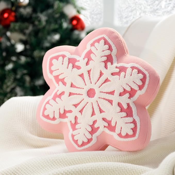 Phantoscope Merry Christmas Snowflake Shaped Throw Pillow, Velvet Xmas Embroidered Snowflake Pillow Decorative Christmas Cushion Pillow for Couch Living Room Bed, Pink, 16 x 16 inches