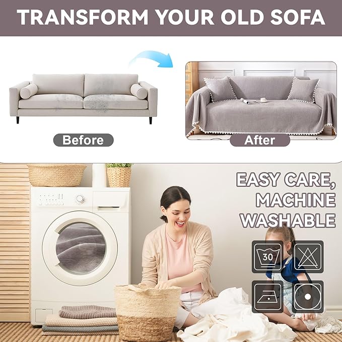 VClife Couch Cover Modern Gray Couch Covers for 3 Cushion Couch Sofa - Washable Chenille Sofa Cover with Lace for Living Room Office RV Bedroom (71"X134") Gift for Christmas Thanksgiving Birthday
