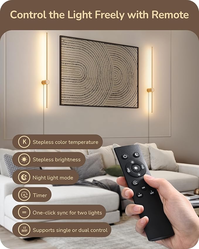 EDISHINE Plug in Wall Sconces, Stepless 2700K-6000K Dimmable Wall Sconce Set of Two, 39.4" Touch LED Wall Light with Remote, 350° Rotation Night Light with Timer for Living Room Bedroom Hallway