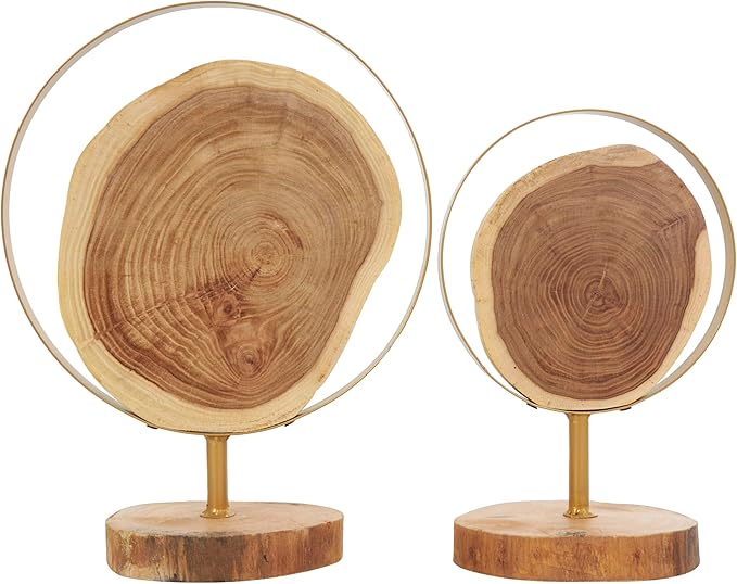 Deco 79 Wood Abstract Handmade Decorative Sculpture Live Edge Slab Home Decor Statues with Gold Metal Rings, Set of 2 Accent Figurines 14", 11"H, Brown