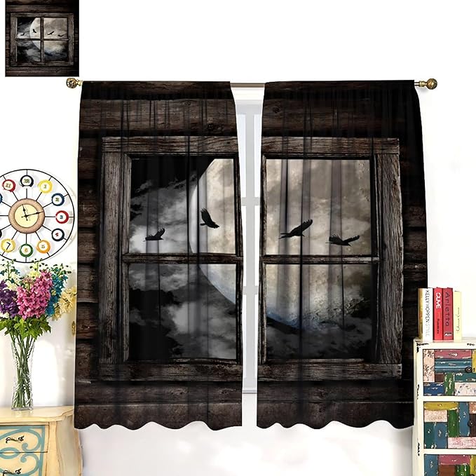 Gothic Halloween Blackout Window Curtains, Black Birds Crow Dark Print Window Drapes, for Home Kids Boys Bedroom Living Room 42(W)*84(L) 2 Panels