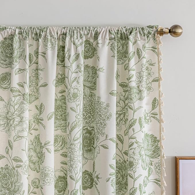 F-CHU Sage Green Curtains for Bohemian 90 Inch Length French Country Floral Drapes Farmhouse Rustic Vintage Window Curtain Panels for Bedroom Chic Country Curtains，2 Panel 52" W x 90" L
