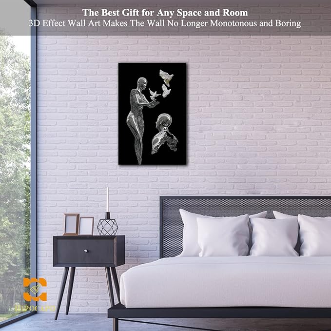 HIPOCAPO 3D Metal Effect Wall Art - Canvas Art, Decor for Modern Living Room, Framed Romantic Couple Put Pigeons pictures bedroom 12''x18''x1Pcs 3d Art-24