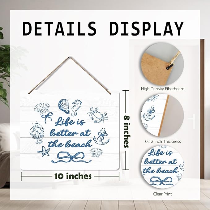 Udinaz Preppy Beach Hanging Sign, Coastal Beachy Wall Decor, Coquette Blue Bow Seashell Life Is Better at the Beach Hanging Wood Plaque Decor for Home Girls Bedroom Room Dorm Wall Door Decorations
