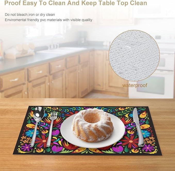 Mexican Floral Placemat Set of 6, 12x18 Inch Boho Colorful Mexico Fiesta Talavera Birds Cinco de Mayo Stripes Coffee Vintage Table Mats for Outdoor Kitchen Dining Table Decoration