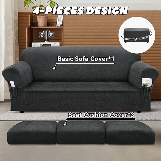 Sofa Slipcover with Armrest Pockets 4-Piece Set, Stretch Faux Leather Couch Cover for 3-Cushion Couches(Fits 72-92") - Non-Slip, Machine Washable, Pet & Kid Friendly - Gray