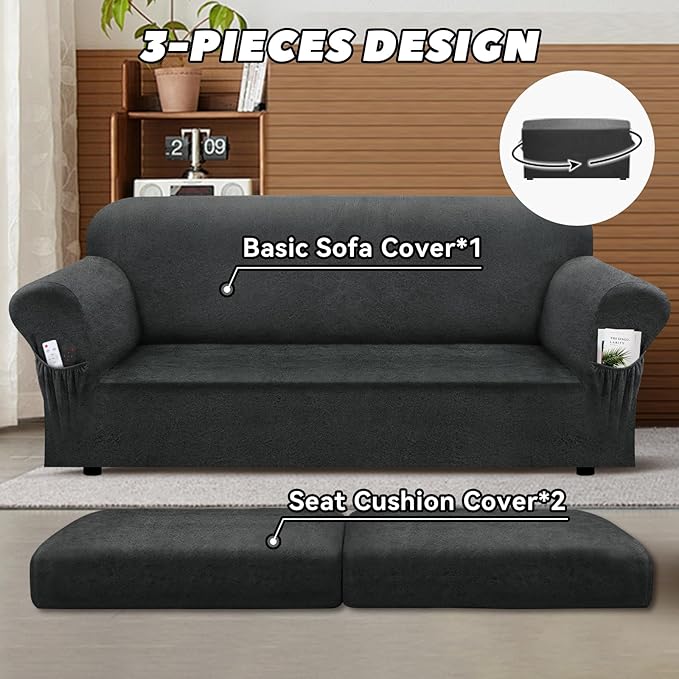 Sofa Slipcover with Armrest Pockets 3-Piece Set, Stretch Faux Leather Couch Cover for 2-Cushion Couches(Fits 72-92") - Non-Slip, Machine Washable, Pet & Kid Friendly - Gray