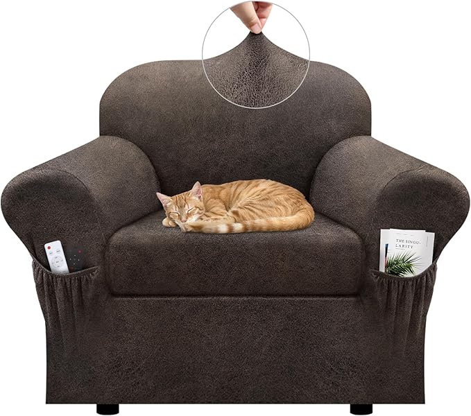 Chair Slipcover with Armrest Pockets 2-Piece Set, Stretch Faux Leather Chair Cover for Armchairs(Fits 31-45") - Non-Slip, Machine Washable, Pet & Kid Friendly - Light Brown