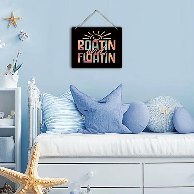 Udinaz Summer Lake Hanging Sign, Lake House Wall Decor, Boatin and Floatin Sunshine Hanging Wood Plaque Decor for Home Room Bedroom Wall Door Decorations