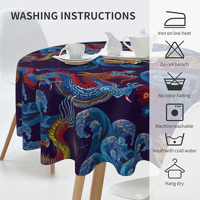 Chinoiserie Tablecloth Round, Traditional Zodiac Dragon Vintage Asian Style Oriental Luxury Water Resisitant Table Cover for Dining Kitchen Living Room Home Party Holiday Decor 60 inch Round