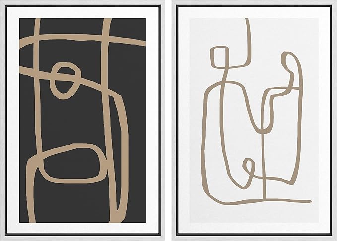 SIGNWIN Framed Canvas Print Wall Art Set Brown Geometric Spiral Pattern Collage Abstract Shapes Illustrations Modern Art Minimal Boho Relax/Calm for Living Room, Bedroom, Office - 24"x36"x2 White