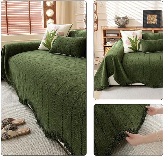 ROOMLIFE Green Couch Cover Sofa Covers, Chenille Couches Covers for 3 Cushion Sofas, Non Slip Soft Breathable Sofa Slipcovers for Pet, Washable Furniture Protector with Tassel,71''X134”