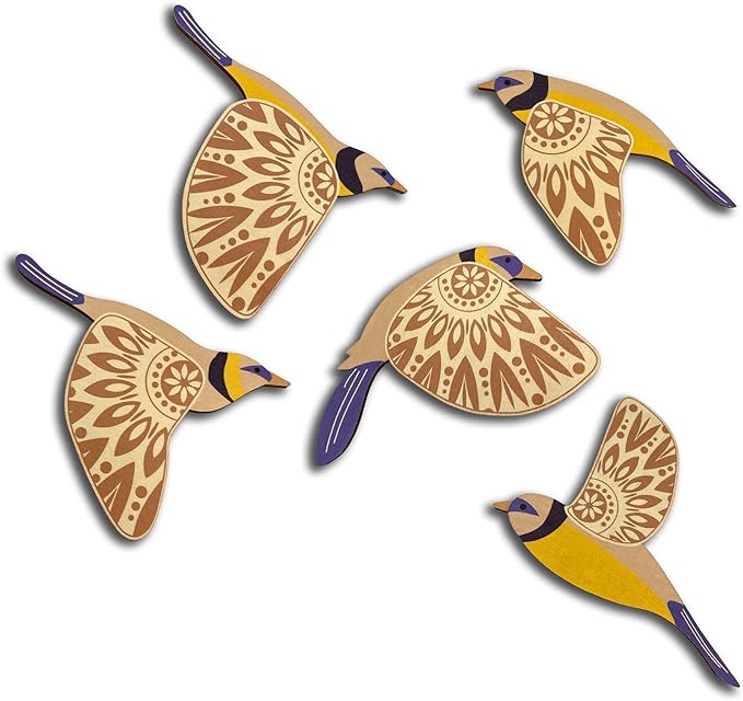 Vumyhuby 5 Pcs Blue Wooden Bird Wall Art | Rustic Folk Art Wall Decor for Indoor Use | Handcrafted Wood Flying Birds Wall Hangings for Living Room, Bedroom, Kitchen, Office | Scandinavian Home Decor Gift