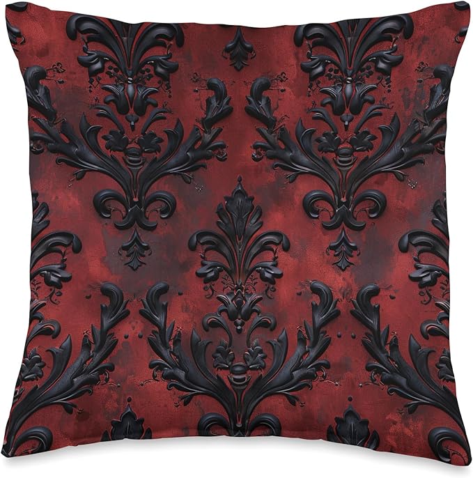Damask Elegant Mansion Victorian Gothic Dark Red Haunted Throw Pillow