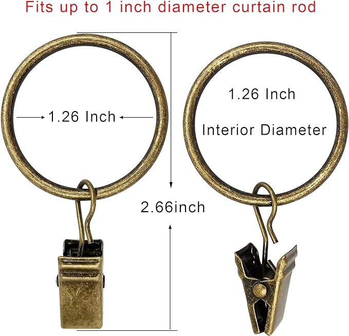 90 Pack Curtain Rings with Clips, Drapery Clips with Rings, Drapes Rings 1.26 in Interior Diameter, Fits up to 1 in Curtain Rod, Bronze