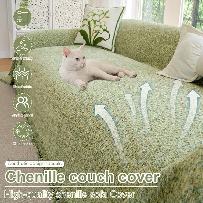 ROOMLIFE Green Sofa Cover, Extra Large Boho Couch Cover Sofa Covers for 3 Cushion Couch, Soft Chenille Sofa Cover for Dog, Washable Furniture Sofa Protector Cover Blanket with Tassel 71 '' X 150''