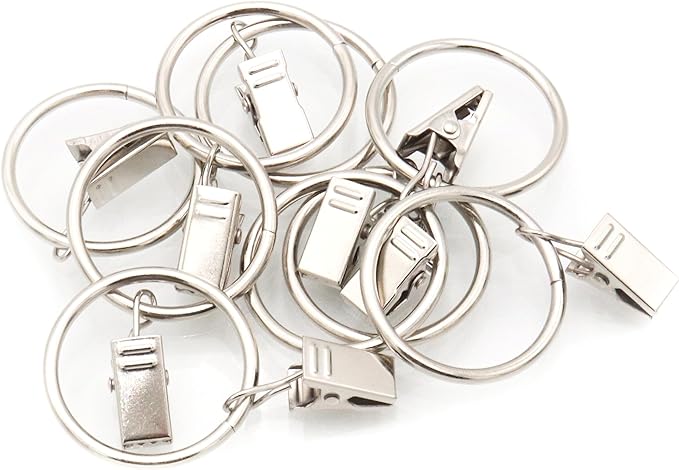 LBY 30 Pack Curtain Rings with Clips, 33mm(1.3'') Interior Diameter Metal Curtain Rings, for Hanging Drapery Drapes Bows, Silver