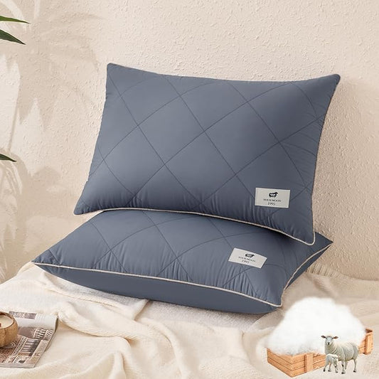 YOUR MOON Organic Wool Pillow King Size Set of 2, Soft Support Bed Pillows for Sleeping, Natural Wool & Down Alternative Filling, Luxury Hotel Quality Pillows,100% Cotton Cover (Gray)