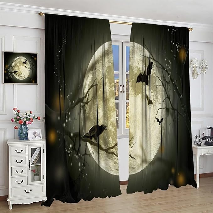 Gothic Halloween Full Moon Blackout Curtains, Gothic Halloween Night Black Bat Crow Print Window Drapes, for Kids Boys Bedroom Living Room 31.5(W)*72(L) 2 Panels