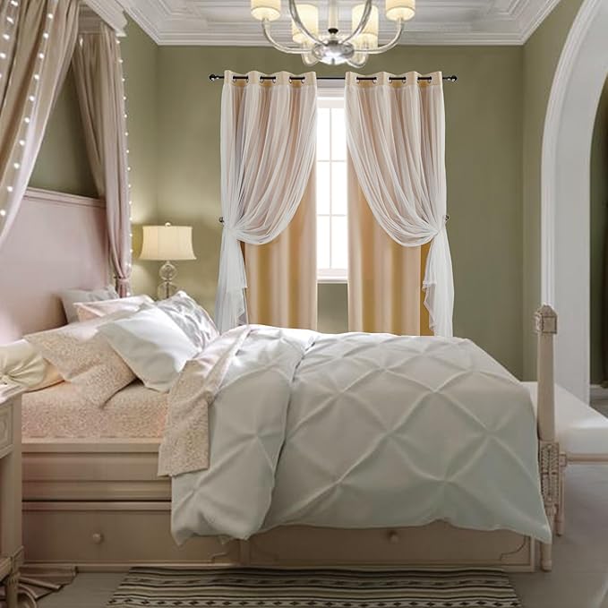 Anytime Home Curtains Blackout and Sheer Layered Solid Window Curtain Panel Pair with Grommet Top, 52Wx95L,Beige