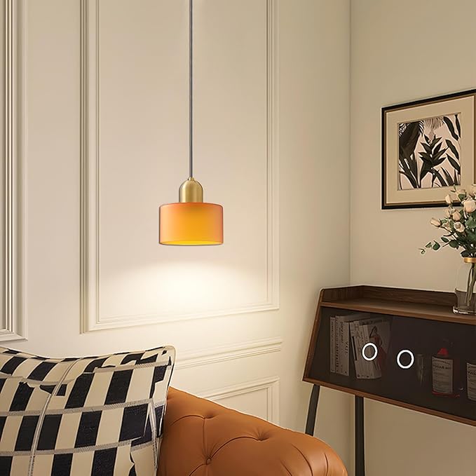 Modern Glass Pendant Light, E26 Hanging Light Fixture with Gold Metal Socket, Adjustable Cord Ceiling Lighting for Kitchen, Dining Room, and Bedroom (Orange)