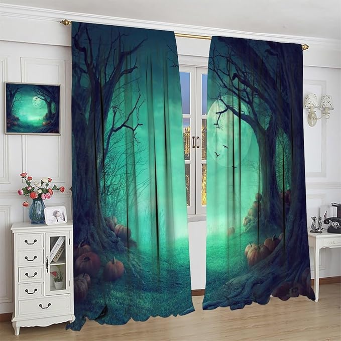 Gothic Mushroom Blackout Window Curtains, Misty Dark Black Forest Moon Halloween Window Drapes, for Living Room Bedroom 21(W)*63(L) 2 Panels