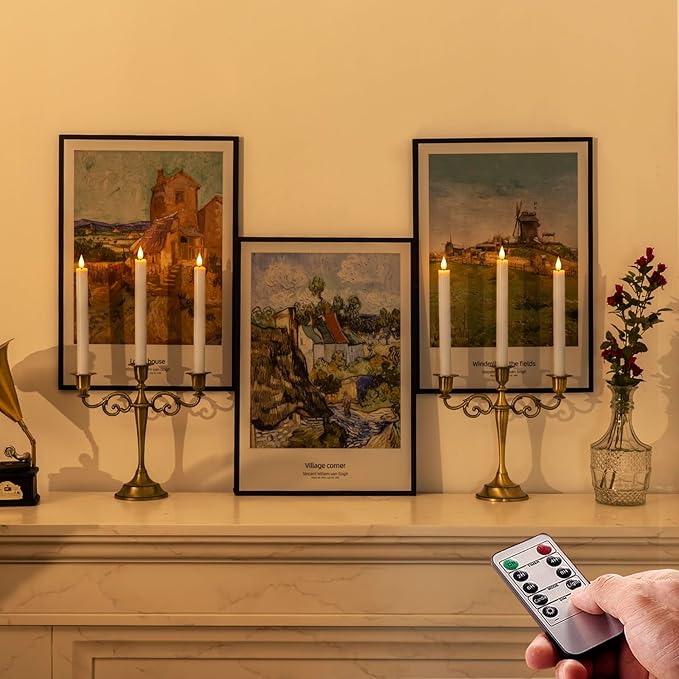 Homemory 6 Pcs Wax Flameless Taper Candles with Remote Timer and Dimmer, White Candle Sticks Battery Operated, LED Window Candles with Flickering Light, 9.6 Inches for Wedding Home Indoor Decoration