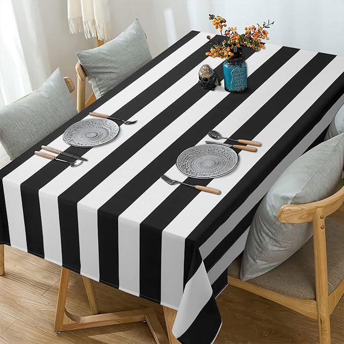 ASPMIZ Black and White Striped Tablecloth for Rectangle Tables, Geometric Stripe Waterproof Polyester Table Cloth for Kitchen Dining Room, Tablecloth Square 55” x 55”