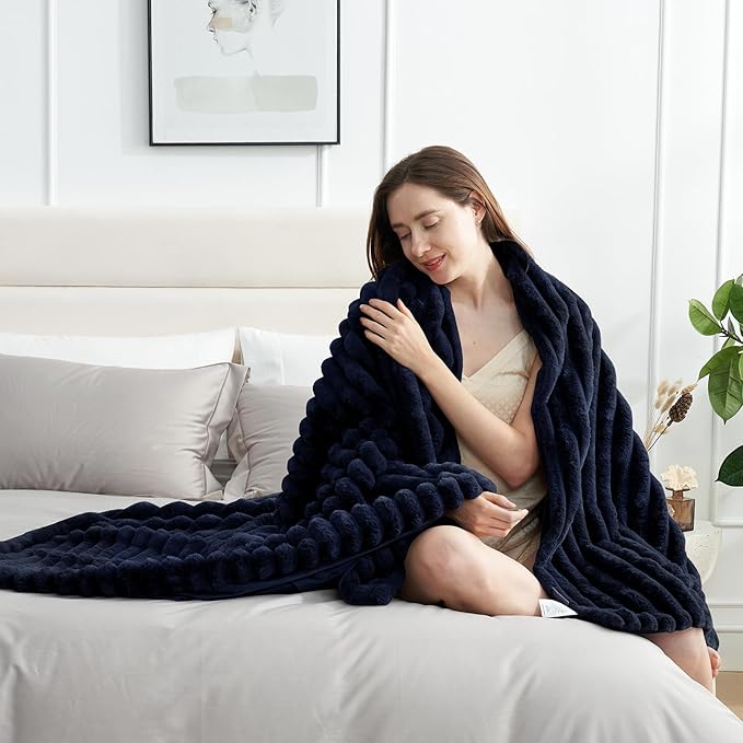 Amélie Home Faux Fur Throw Blanket for Couch, Cozy Fuzzy Fluffy Fur Luxurious Soft Striped Plush Gift Blankets for Family Sofa Chair Bedroom, 55"x70", Navy Blue