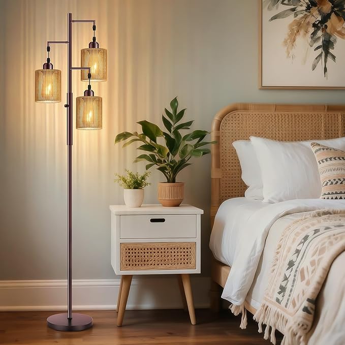 Hotsonic 72" Tall Boho Floor Lamp, Dimmable Standing Lamp with Handcrafted Rattan Shade, Industrial Tree Floor Lamps for Living Room, Bedroom, Study Room, Office (3 x 800LM LED Bulbs Included) - Brown